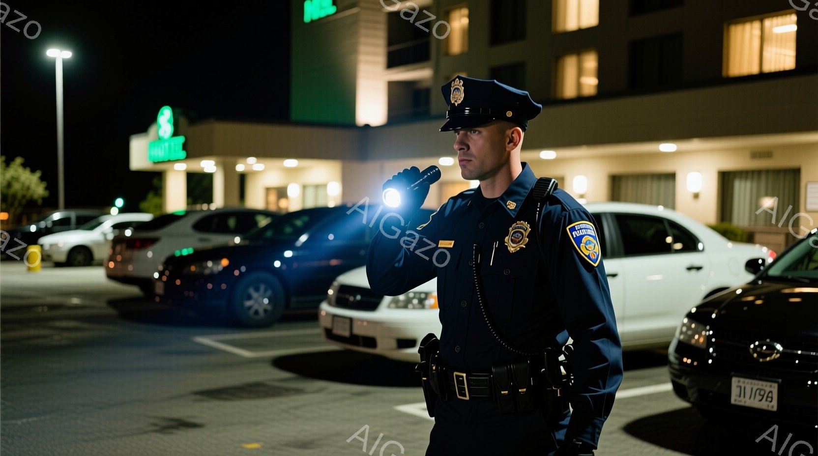 警官が夜の駐車場で懐中電灯を手に立っている。彼は紺色の制服と帽子を着用し、厳しい表情をしている。背景にはホテルや車が見え、夜の静かで警戒感のある雰囲気が漂っている。