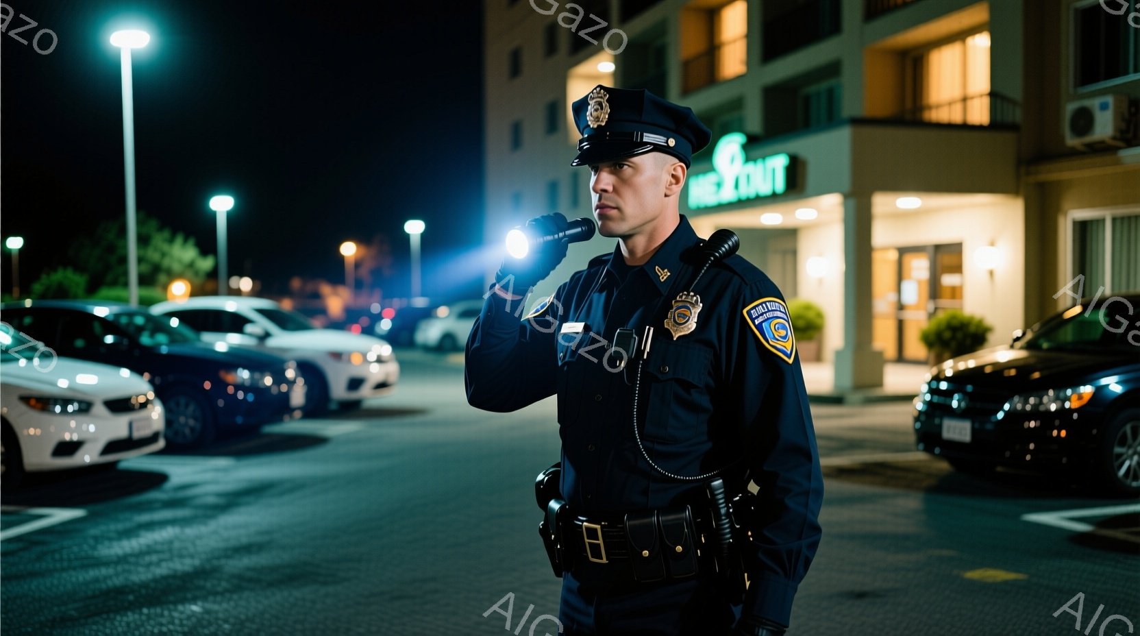 制服を着た警察官が夜の駐車場に立っている。彼は懐中電灯を手に、何かを探しているような姿勢で、顔は真剣な表情をしている。背景には建物や車が並び、夜空は暗く、駐車場は街灯によって照らされている。