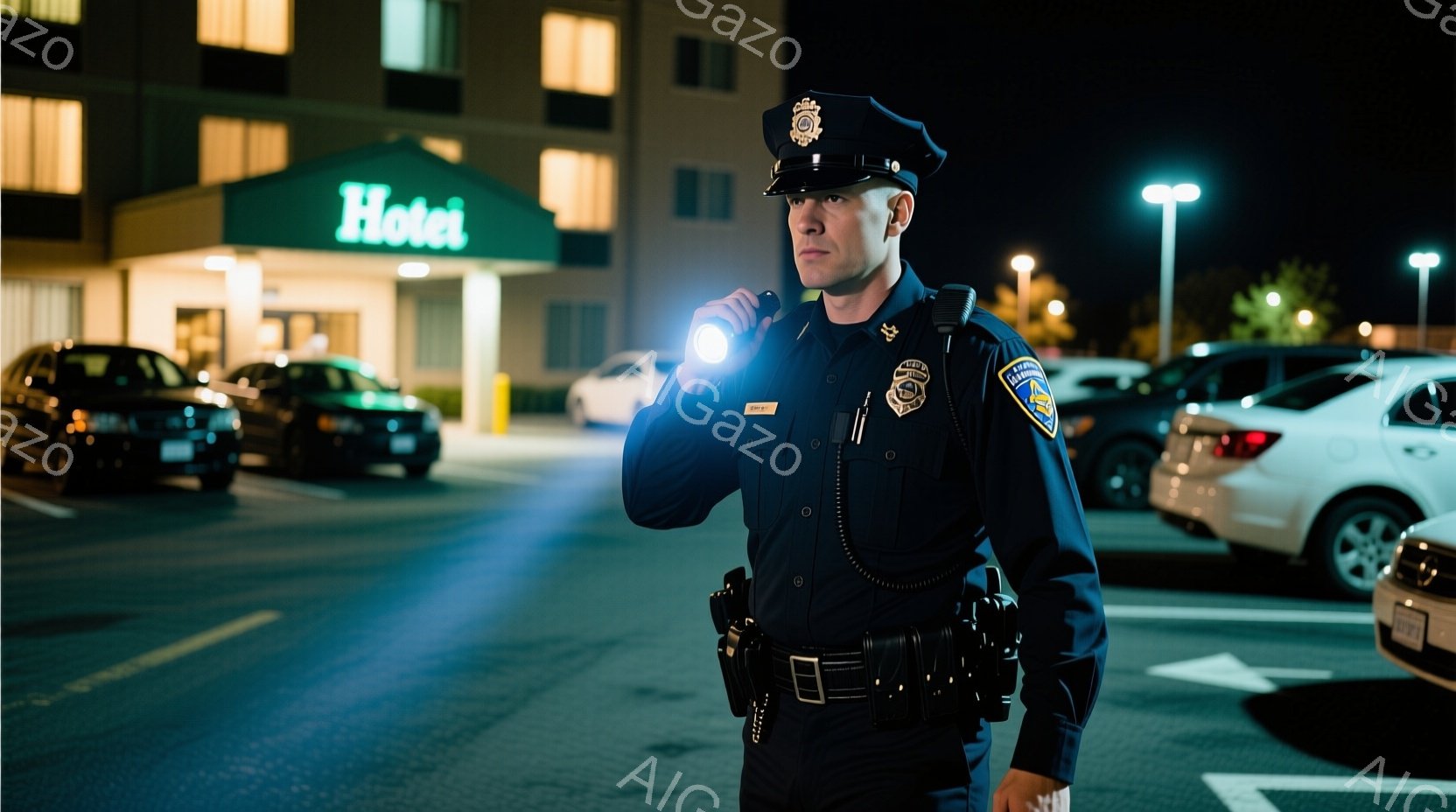 制服を着た警察官が夜の駐車場に立っている。彼は懐中電灯を手に持ち、前方を照らしている。背景にはホテルと数台の車が見え、夜間の静かで警戒感のある雰囲気が漂っている。