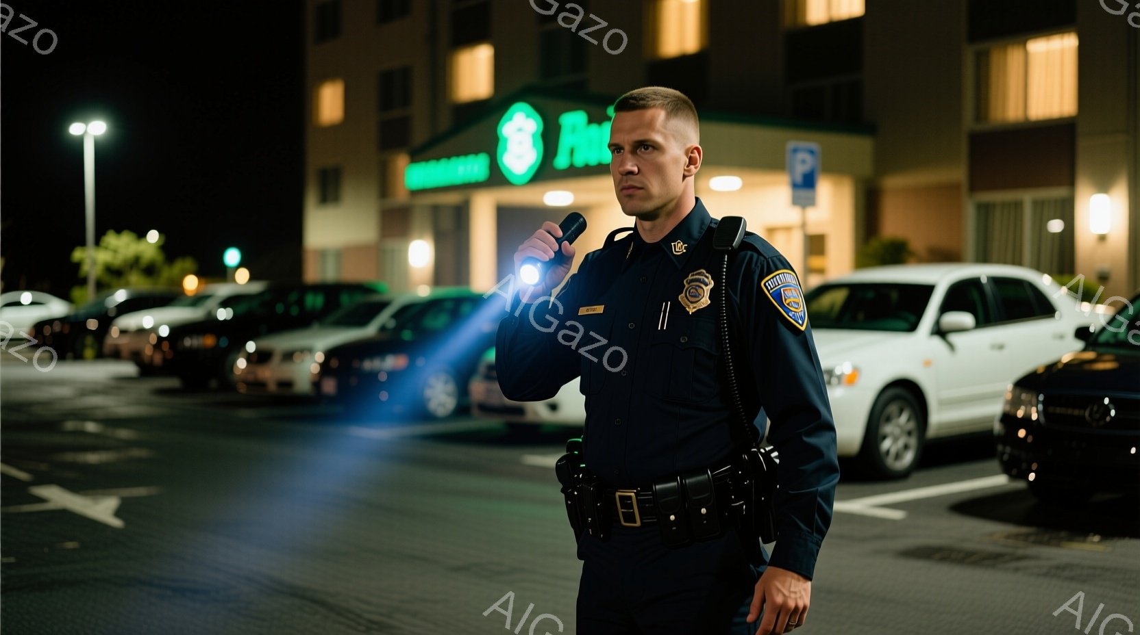 警官が夜間の駐車場に立っており、懐中電灯を手にしている。彼は濃い青色の制服を着ており、短髪で表情は真剣だ。背景にはホテルらしき建物がぼんやりと見え、夜空は暗く、駐車場はいくつかの車両で占められている。 - AI生成フリー素材
