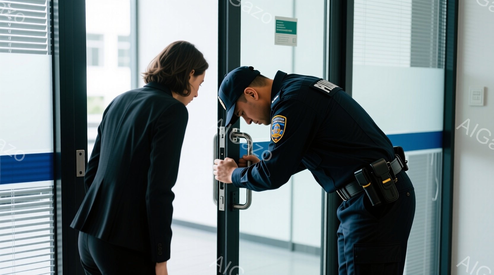 ガラスのドアの前で身元調査をしている警官が写っています。警官は制服姿で、ドアノブに寄りかかり、何かを調べています。女性は黒いスーツを着ており、背中を向けて立っていますが、警官の行動を見ているようです。