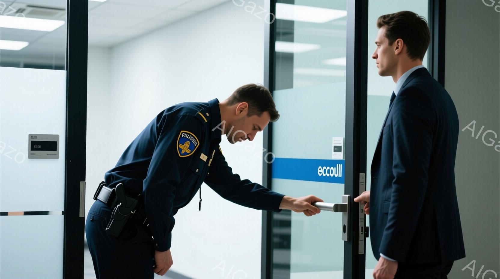 制服を着た警官が、ドアノブに手を伸ばし、スーツを着た男性に何かを話しかけている様子が写っています。警官は真剣な表情で少し前かがみになり、男性はドアに背を向け、やや緊張した様子で立っています。背景はオフィスのような室内で、白い壁とガラス張りのドアがあり、全体的に落ち着いた雰囲気です。