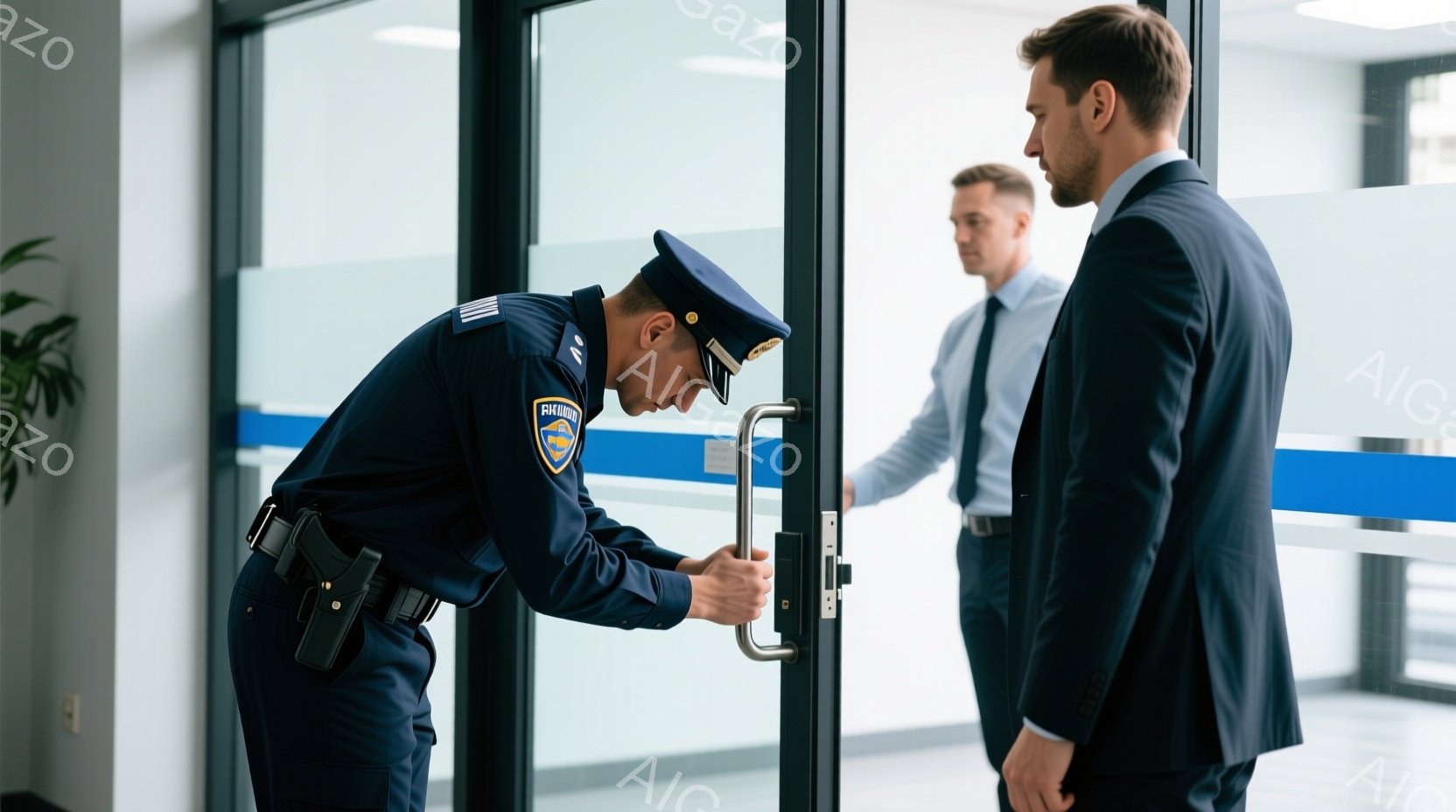 制服を着た警官がドアノブに手をかけている。彼は黒い制服、帽子、ホルスターを装着しており、真剣な表情でドアを開けようとしている。背景には白い壁と、スーツを着た男性がおり、室内は明るく現代的な雰囲気である。