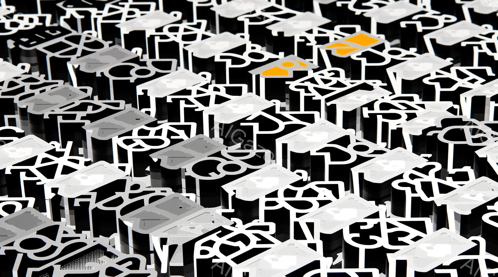 複雑な白い幾何学模様が多数並んだ抽象的な構成です。まるで未来的な都市のシルエットが密集しているようで、光と影が交錯し、独特の奥行きを生み出しています。背景は暗く、これらの形状が際立ち、静的でありながらもダイナミックな雰囲気を醸し出しています。