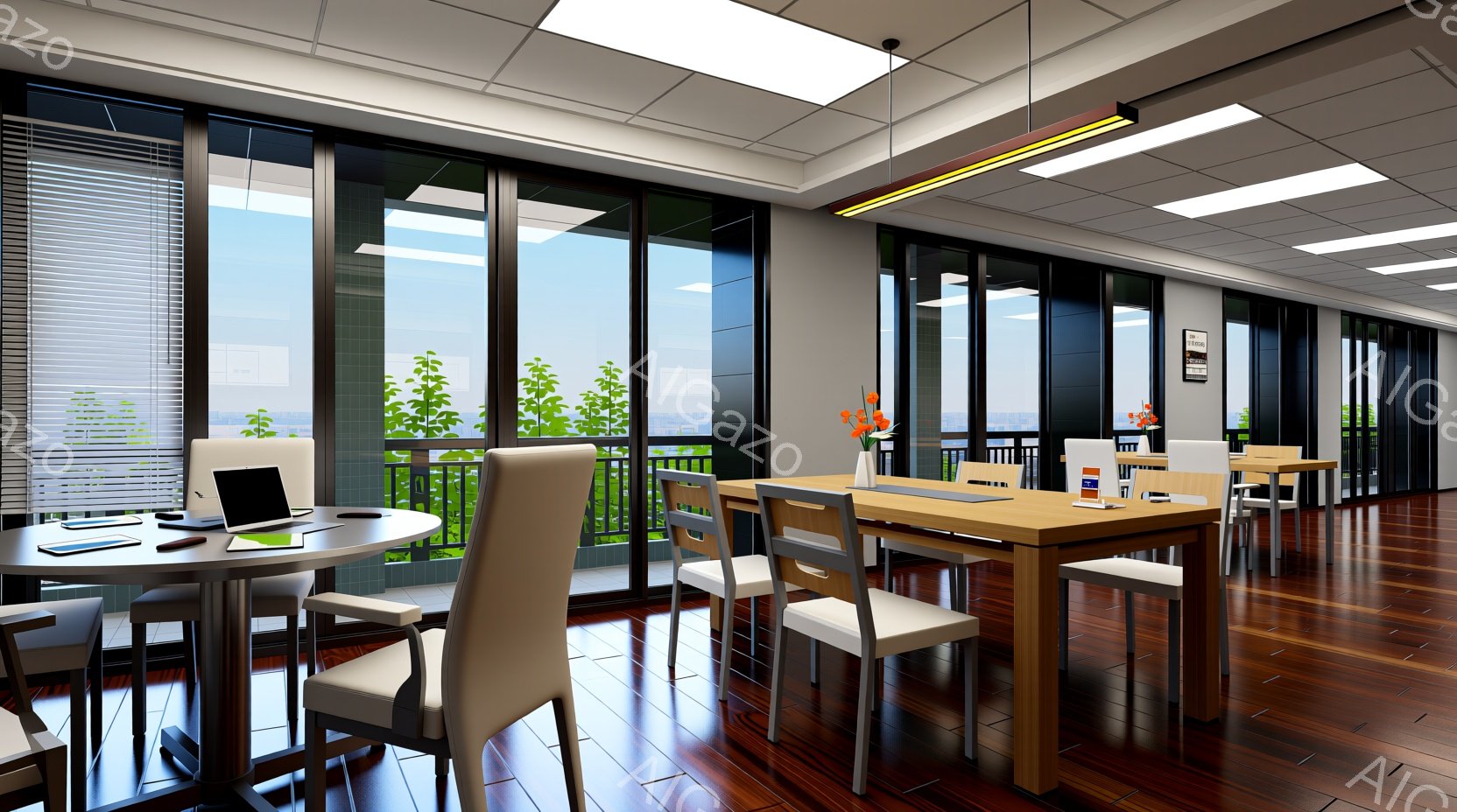 明るい休憩スペースで、木製のテーブルと白い椅子が配置されています。大きな窓からは緑豊かな風景が見え、自然光が室内を照らしています。テーブルの上にはノートパソコンや飲み物、観葉植物が置かれ、リラックスで - AI生成フリー素材