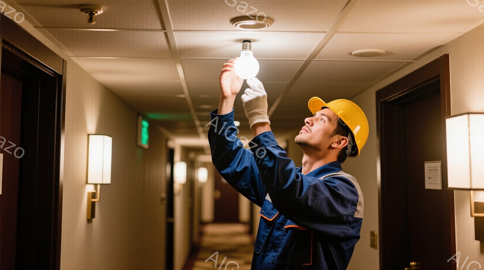 作業員が廊下の天井に取り付けられた電球を交換しようとしています。彼は青い作業着、安全ヘルメット、白い手袋を着用しており、真剣な表情で上を見上げています。廊下はベージュと茶色の落ち着いた色調で、壁には照明が設置され、全体的に落ち着いた雰囲気です。