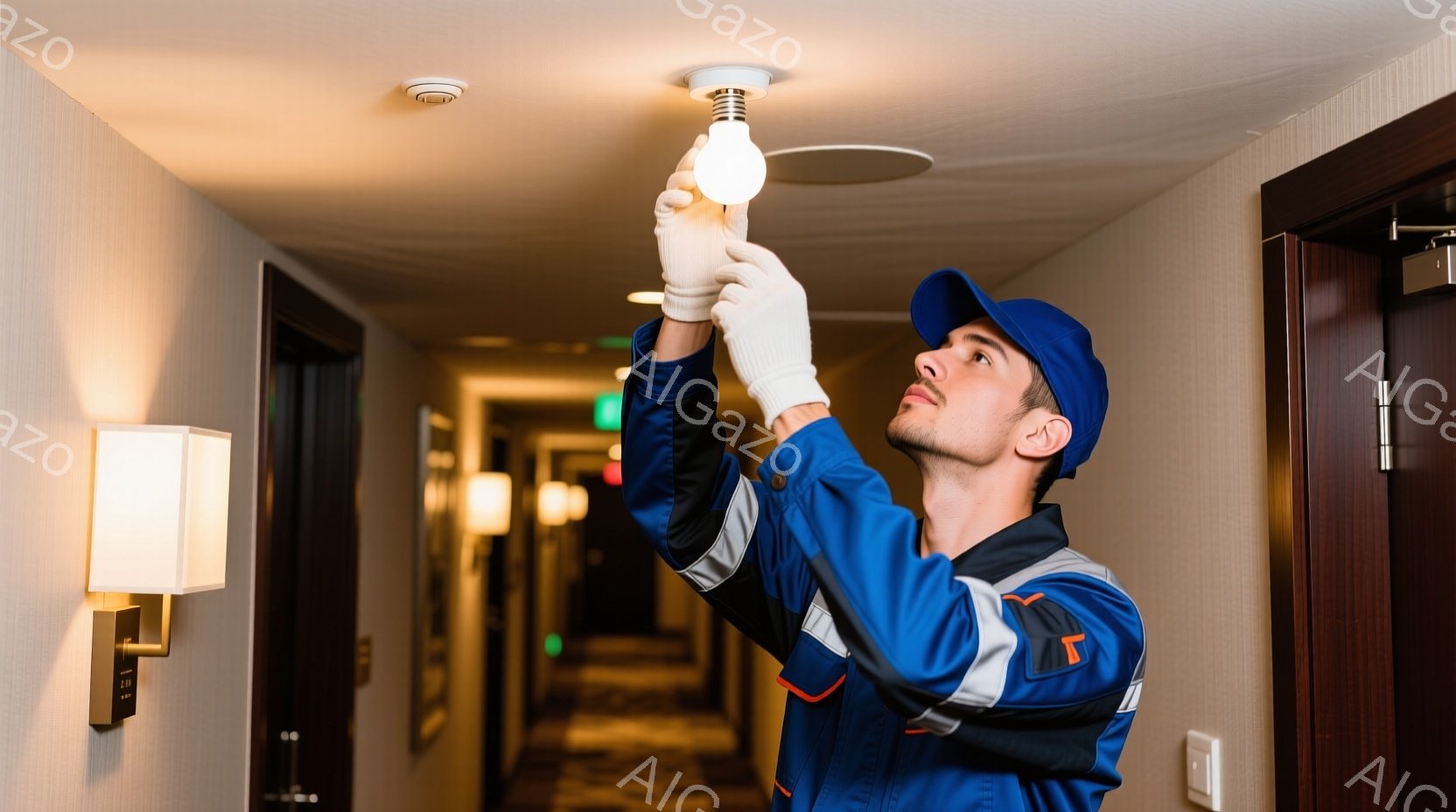 作業員は青い作業着と帽子を着用し、白い手袋をはめて天井の照明器具の電球を取り替えています。彼は上を見上げて集中した表情で、片手で電球を持ち、もう片手で照明器具を支えています。背景はホテルの廊下で、壁は - AI生成フリー素材