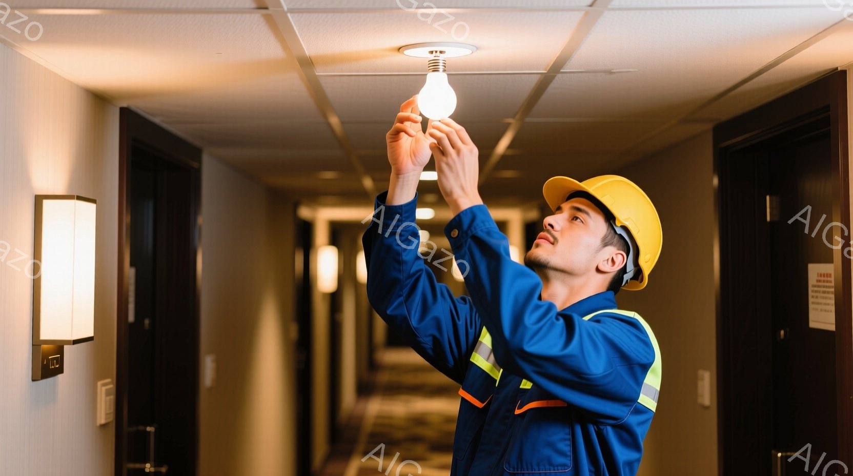 作業員が廊下の天井の照明を取り付けている様子が写っている。彼は青い作業着に反射材の入ったベスト、黄色いヘルメットを着用しており、真剣な表情で電球を手にしている。廊下はベージュと茶色の落ち着いた色合いで、壁には照明器具が設置されている。