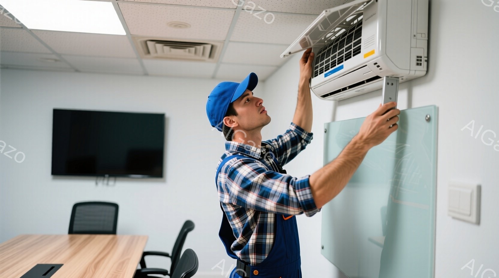 作業員は、青いチェック柄のシャツと紺色のオーバーオール姿で、壁に取り付けられたエアコンのフィルターを取り外しています。彼は青い野球帽を被り、真剣な表情で作業に集中しており、やや上体を反らせた姿勢です。背景には木製のテーブル、椅子、そして白板とテレビがあり、室内は明るく清潔な印象を与えます。