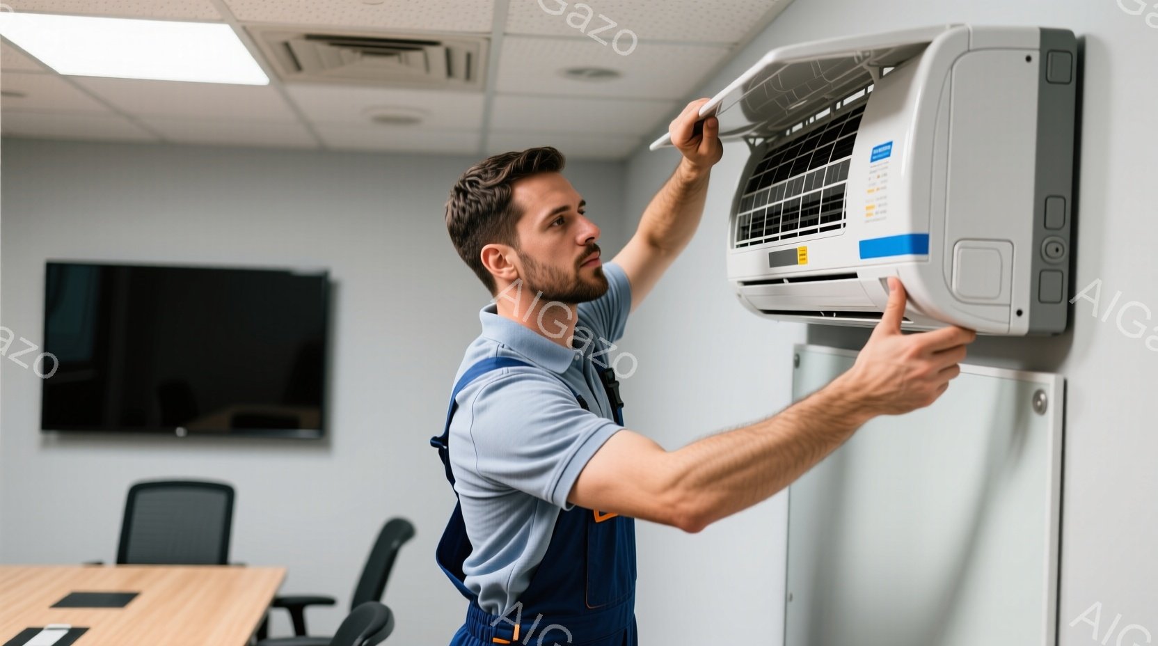 作業員が壁に取り付けられたエアコンのフィルターを開けて点検している。彼は青い作業着に身を包み、短く整えられた髪と口ひげをしている。背景には、机と椅子が見え、室内は明るく清潔な雰囲気が漂っている。 - AI生成フリー素材