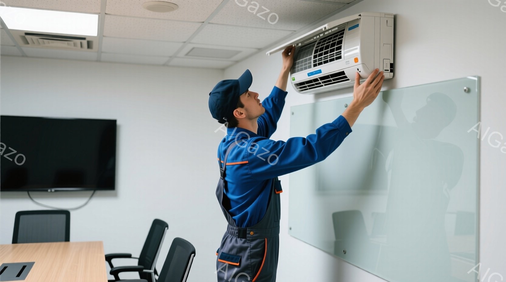 作業着を着た男性が、室内機の清掃または修理を行っています。彼は濃い青色のつなぎ服に帽子をかぶり、真剣な表情で壁に取り付けられたエアコンのユニットを見上げています。背景には、オフィスのような空間で、白いテーブル、椅子、そしてホワイトボードが見えます。