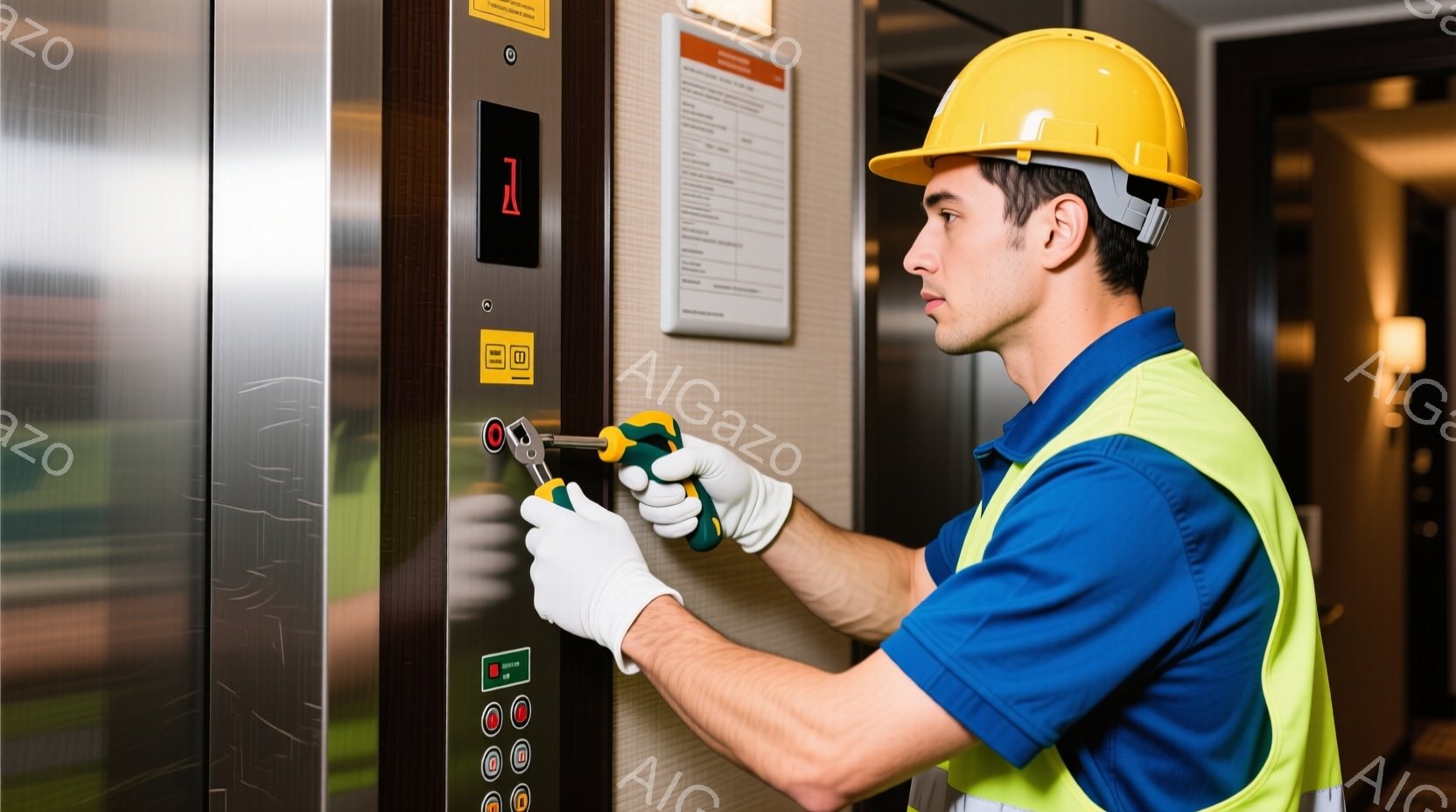 作業員は、黄色の安全ヘルメットと蛍光色のベスト、青いシャツ、白い手袋を着用し、エレベーターの操作パネルの修理を行っています。彼は少し体を傾け、精密ドライバーを使ってパネルのボタンを調整しているようです - AI生成フリー素材
