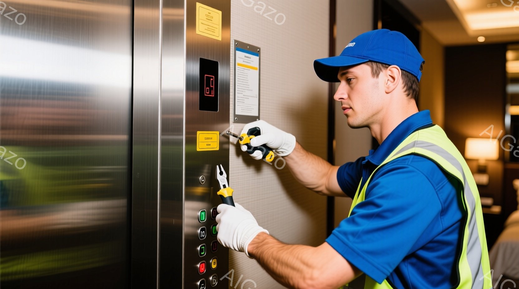 作業員がエレベーターのボタンパネルの修理を行っている様子が写っている。青い作業着に蛍光黄色のベストを着用し、白い手袋をはめ、黒い野球帽を被っている。背景はホテルの廊下の一部で、ぼやけた暖色系の内装が見え、全体的にプロフェッショナルで集中した雰囲気が漂っている。