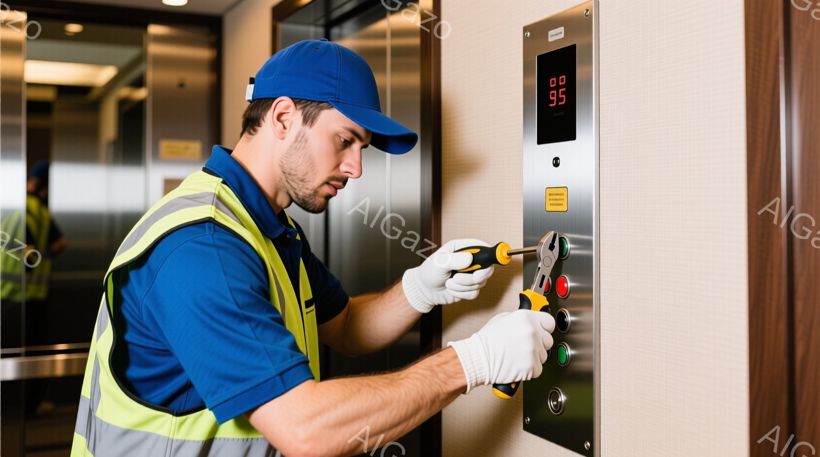 作業員は、反射ベストと青い野球帽を着用し、白い手袋をはめてエレベーターのボタンパネルの修理を行っています。彼は集中した表情で、ペンチを使ってパネルの小さな部品を調整しています。背景はベージュ色の壁で、エレベーターのディスプレイには「95」と表示されており、整然としたメンテナンス作業が行われている様子が伝わります。