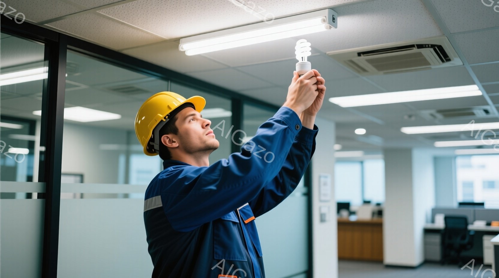 作業員は青い作業着と黄色のヘルメットを着用し、天井の照明器具に手を伸ばしています。彼は少し上を見上げており、真剣な表情で電球を交換しようとしているようです。背景にはオフィスのような空間が広がり、白い壁 - AI生成フリー素材