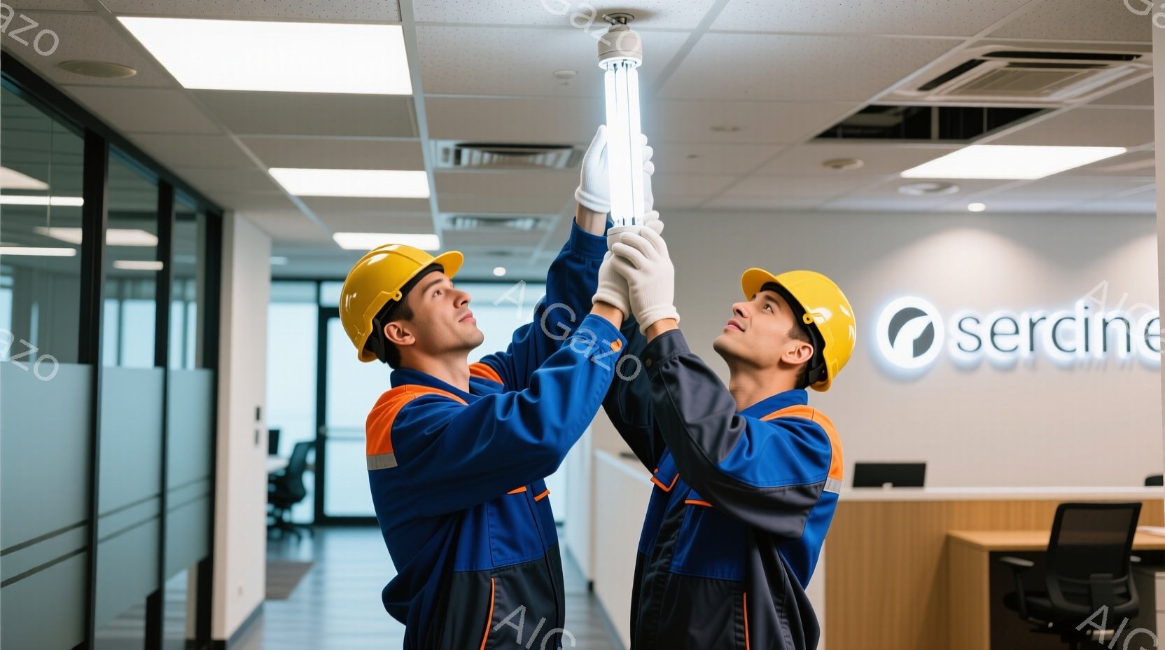 二人の作業員が青い作業着とオレンジ色のラインが入った服、そして黄色いヘルメットを着用し、天井の蛍光灯を取り替えている様子が写っている。彼らは上を見上げ、集中した表情で蛍光灯を慎重に扱っている。背景には、ガラス張りのオフィス、白い壁、そして「sercine」というロゴが見え、室内は明るく清潔な印象を与える。