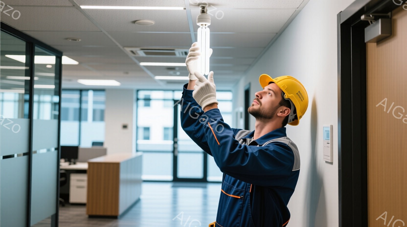 工事員がLEDランプを取り付ける中。革ジャンとサングラスを着用。背景はオフィス風の玄関ホール。