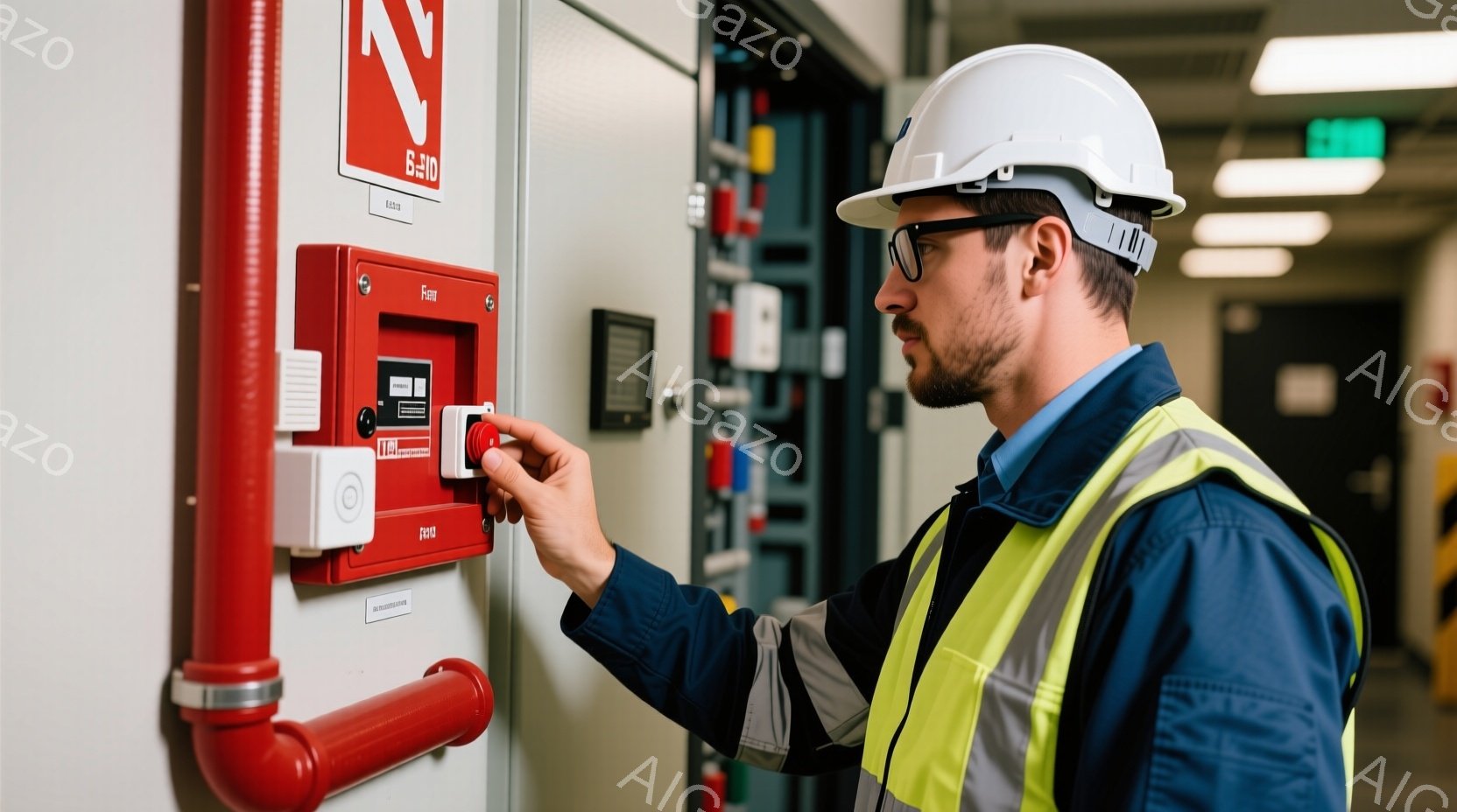 作業員が防火扉の横にある操作パネルを操作している。彼はネイビーブルーの作業着に蛍光黄色のベスト、そして白のヘルメットを着用し、短髪で整った髪型をしている。背景はコンクリートの壁で、配管や防火扉などが設置されており、全体的に工業的な雰囲気である。