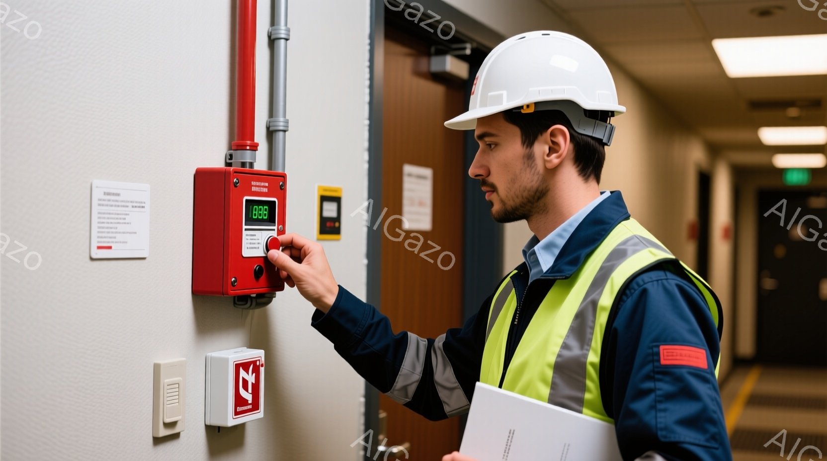 作業員が廊下の壁に取り付けられた消防設備を確認しています。彼は白いヘルメット、蛍光黄色のベスト、濃い青色の作業着を着ており、真剣な表情で機器の赤いボタンを操作しています。背景には白い壁とドア、そして消防設備の標識が見え、建物内部の安全点検の様子を表しています。