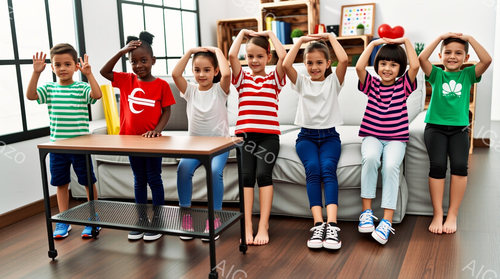 ６人の子供たちが、ベージュ色のソファに並んで座っています。それぞれ、ストライプや無地のTシャツとジーンズまたはレギンスを着用し、手は頭の上に上げています。背景には木製の棚やカラフルなおもちゃが見え、リビングルームのような明るい室内で、楽しげな雰囲気が漂っています。