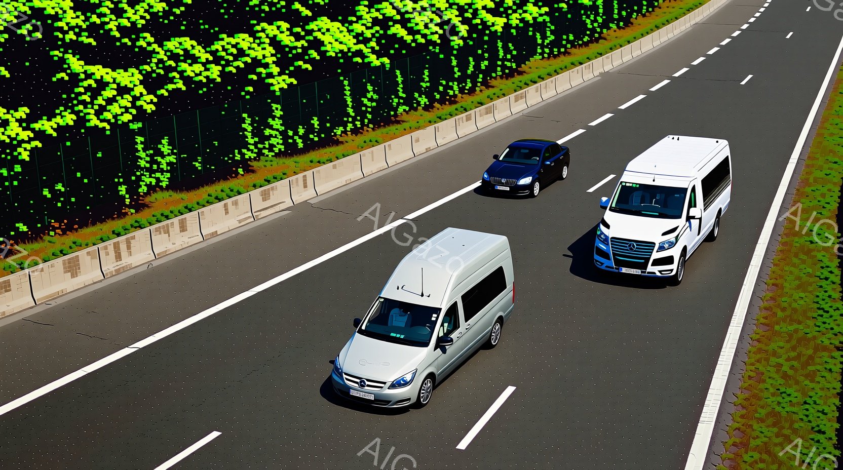 高速道路を複数の車が走行している様子が捉えられています。白のメルセデス・ベンツのバンが2台と、黒のセダンが確認でき、いずれも進行方向に向かって移動しています。背景には緑豊かな壁があり、晴天の下、道が伸びています。