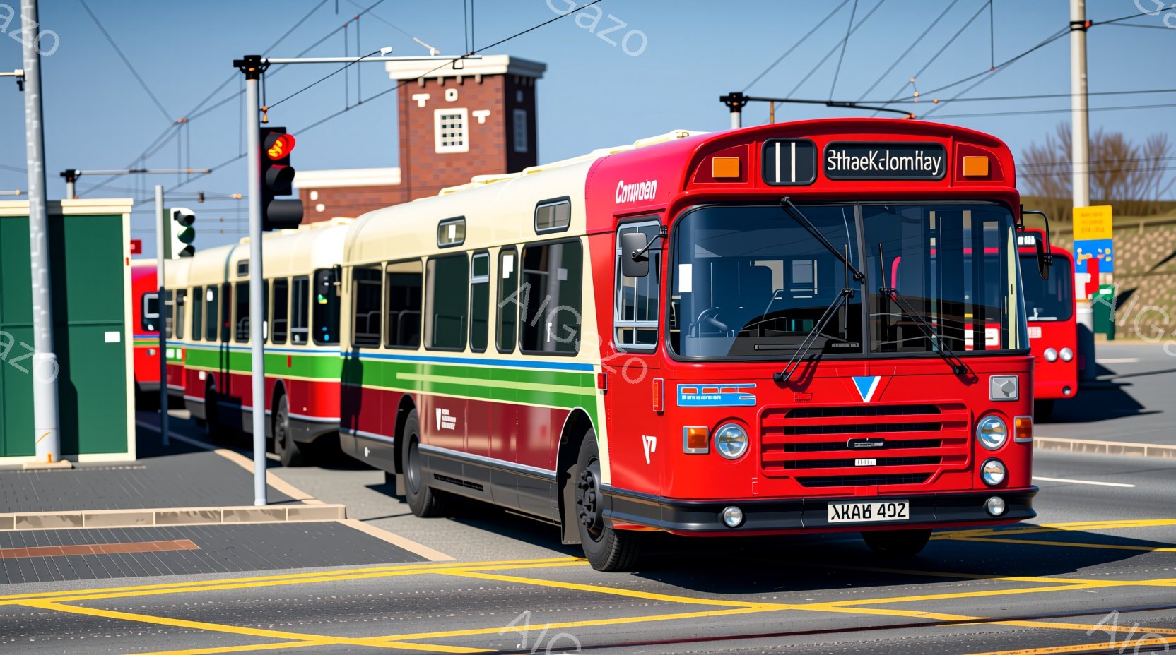 赤とクリーム色のレトロなバスが道路に止まっています。バスの前面にはナンバープレート「XKA6 492」が表示され、屋根には「Carmel」と書かれた標識があります。背景には緑色の建物、信号機、そして晴れた青空が広がっており、全体的にノスタルジックで平和な雰囲気が漂っています。