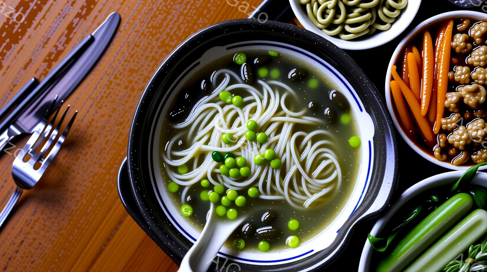 鮮やかな緑色のエンドウ豆が浮かぶ、透明なスープに細長い麺が浸された黒いボウルが中央に配置されています。隣には、オレンジ色のニンジンや他の具材が盛られた別のボウルと、緑色の野菜が添えられています。 全体的に暖色系の木製テーブルの上に、彩り豊かな料理が並び、食欲をそそる雰囲気です。