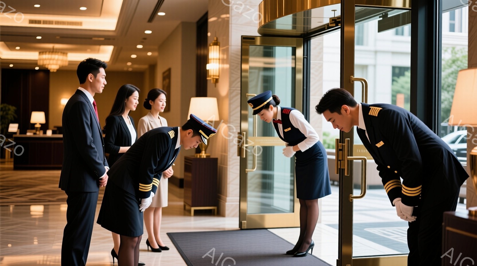 ホテルの入り口で、制服を着たスタッフが賓客に深々と頭を下げている様子が写っている。スタッフは紺色の制服に白い手袋を着用し、整然と髪をまとめ、敬意を込めた表情で頭を下げている。背景には、高級感のあるホテルの内装と、ガラス張りの入り口から見えるわずかな自然光が確認でき、全体的に格式高く、もてなす雰囲気である。