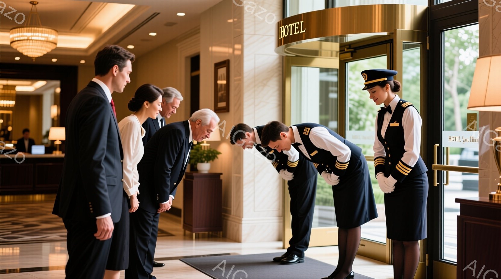 ホテルのロビーで、男性と女性の従業員が賓客に深くお辞儀をしている様子が写っている。従業員は紺色の制服、白のシャツ、黒の靴を着用し、女性は帽子をかぶっている。背景には豪華なシャンデリア、磨かれた木製の家具、そしてホテルの入り口が見え、全体的に敬意と歓迎の雰囲気が漂っている。