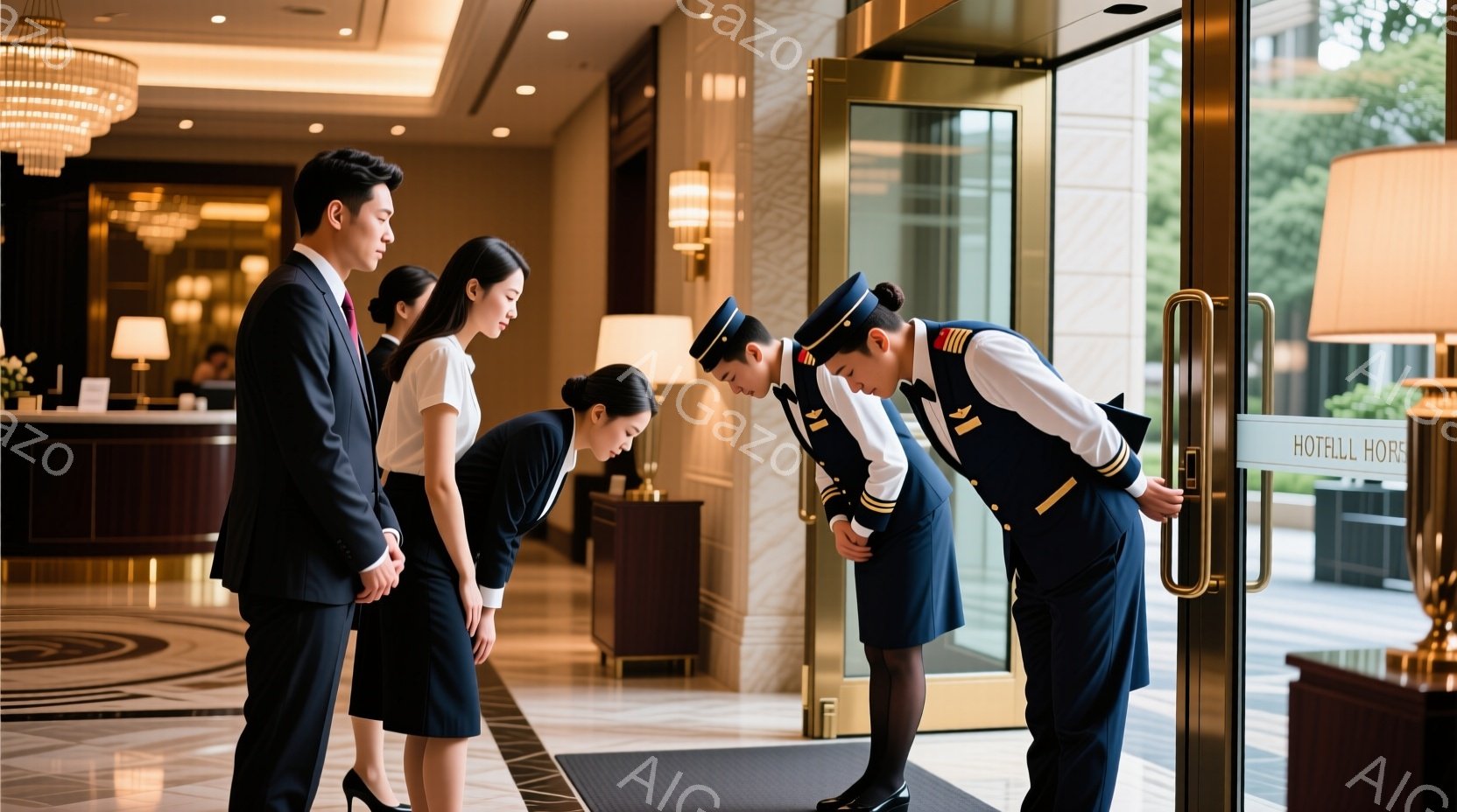 ホテルの入り口で、紺色の制服を着た女性スタッフが、黒いスーツを着た男性客に向かって深々と頭を下げている。背景には大理石の床と豪華なシャンデリアが見え、高級感のあるホテルのロビーであることがわかる。全体的に敬意と歓迎の雰囲気を感じさせる場面である。