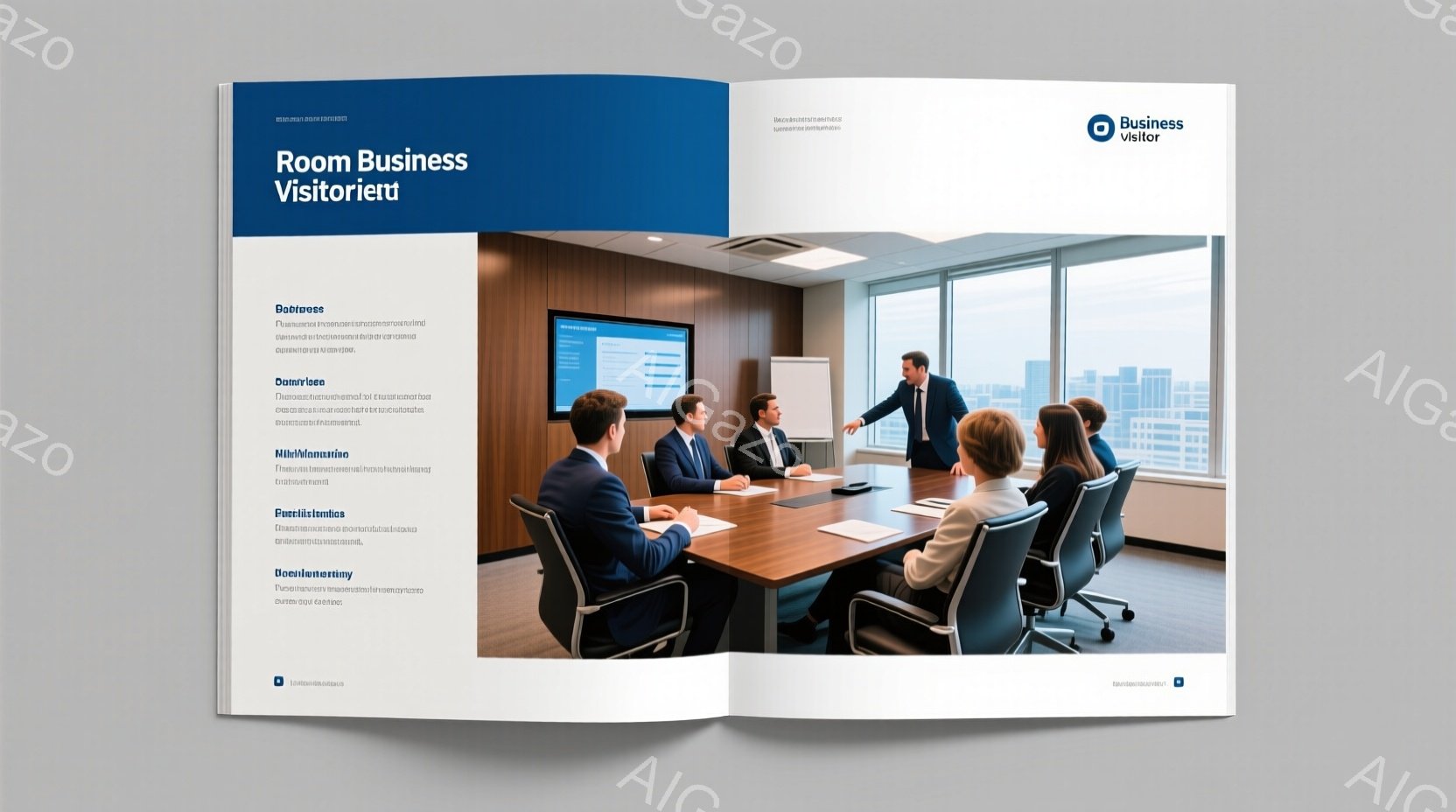 現代的な会議室で、ビジネススーツを着た人々が会議に参加している様子が写っています。一人の男性がプレゼンテーションをしており、他の参加者は熱心に話を聞き、メモを取るなどしています。窓の外には高層ビルが見え、晴天の下、都会的な風景が広がっています。