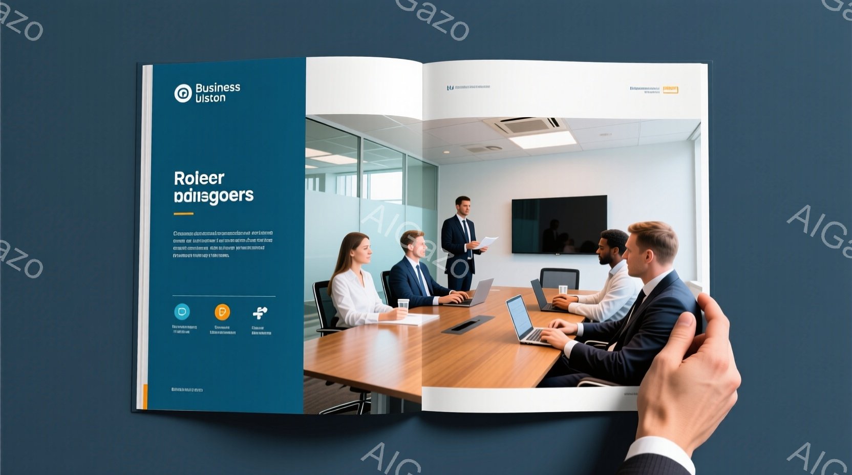 ビジネスミーティングの様子が写っている。参加者は全員スーツ姿で、テーブルを囲んでノートパソコンや書類を見ながら真剣な表情で話し合っている。背景は清潔感のあるオフィスで、大きな窓から自然光が差し込んでい - AI生成フリー素材