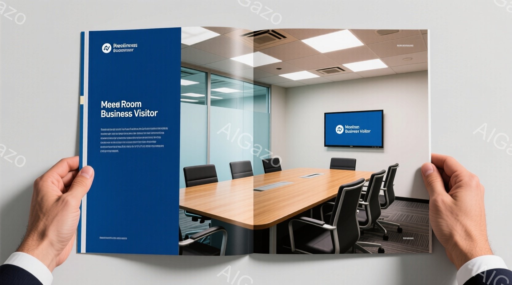 会議室の内部を捉えたもので、机の周りに配置された黒い椅子が並んでいます。画面には「Meed Business Visitor」というロゴが映し出されており、全体的に清潔でモダンな印象を与えます。光沢の - AI生成フリー素材