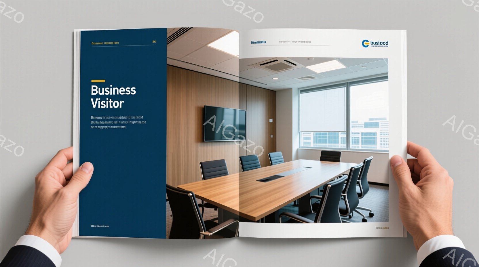 ビジネスマンが両手で開いた雑誌またはパンフレットには、モダンな会議室が映っています。明るい室内には、木製のテーブルと黒い椅子が整然と並び、大きな窓からは高層ビル群が見えます。全体的に清潔感があり、洗練された雰囲気で、ビジネスシーンを想起させます。