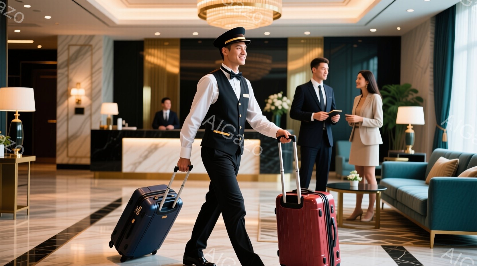 ベルボーイが赤いスーツケース２つを引いてホテルのロビーを歩いている。彼は制服を着ており、黒いベストと帽子、白いシャツが特徴的で、顔には笑顔が見られる。背景には、受付でチェックインしている男性と女性、高級感のある家具や植物が配置されており、全体的に洗練された雰囲気である。