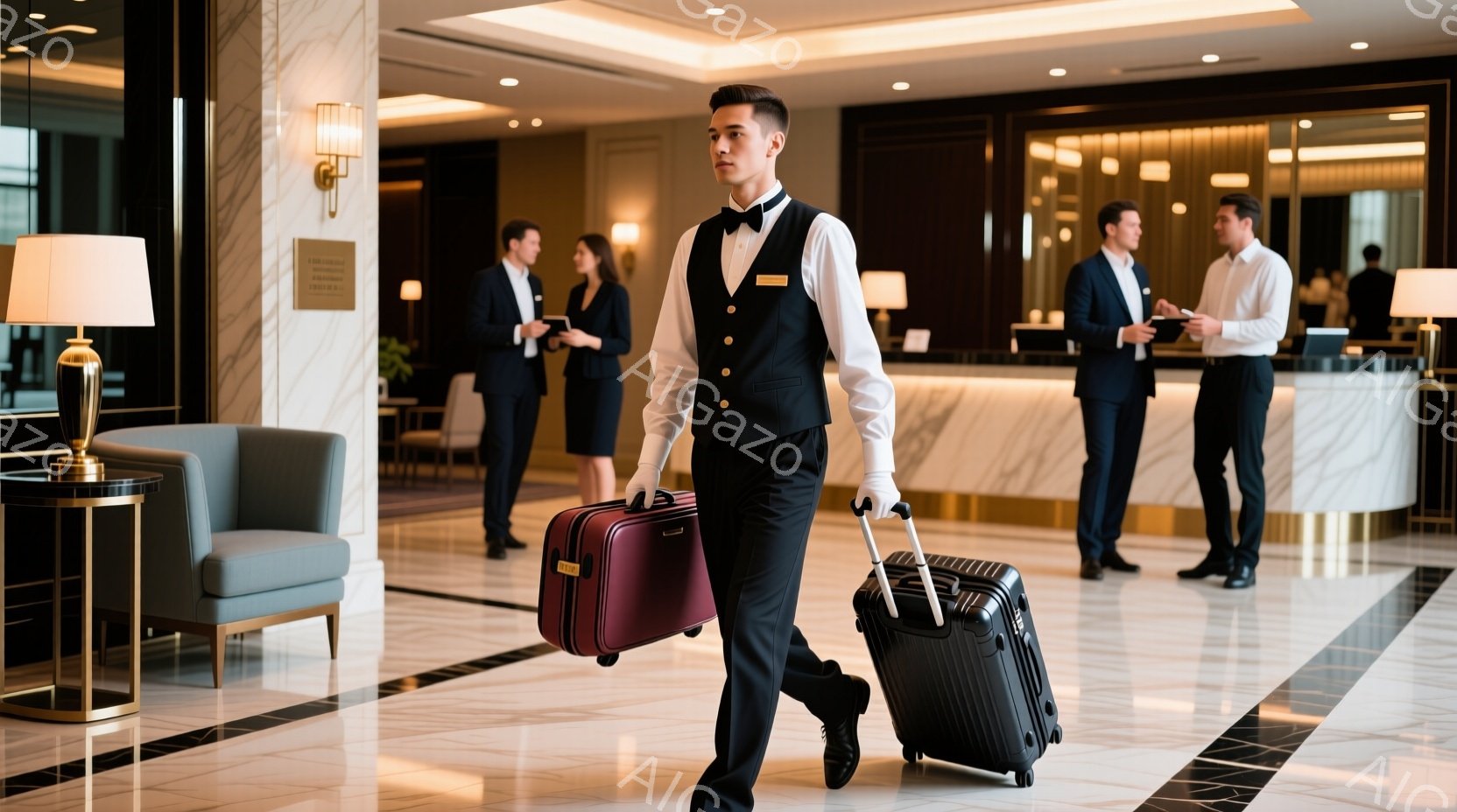 ホテルのロビーで、黒いベストとシャツ、蝶ネクタイを着用した男性が、赤いスーツケースを引いて歩いている。彼は真剣な表情で前を見据え、姿勢も良く、プロフェッショナルな印象を与える。背景には、他のホテルスタッフや高級感のある内装が見られ、全体的に洗練された落ち着いた雰囲気が漂っている。