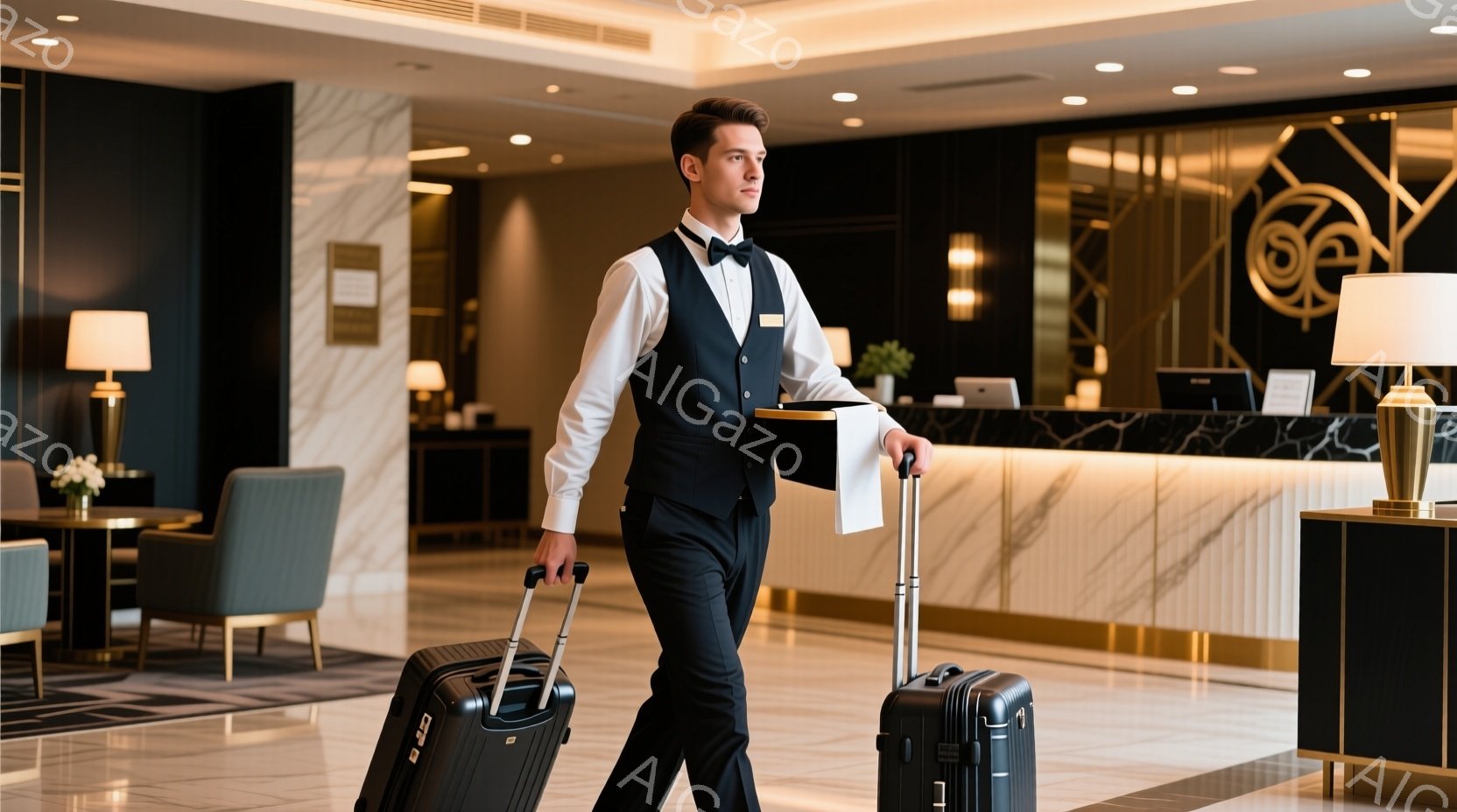 ホテルのロビーを、スーツ姿で荷物を運ぶ男性が描かれています。彼は黒いベストと白いシャツ、そして蝶ネクタイを着用し、整髪された髪型で、落ち着いた表情をしています。背景には、クリーム色と金のアクセントが施されたモダンなロビーがあり、高級感と洗練された雰囲気を醸し出しています。
