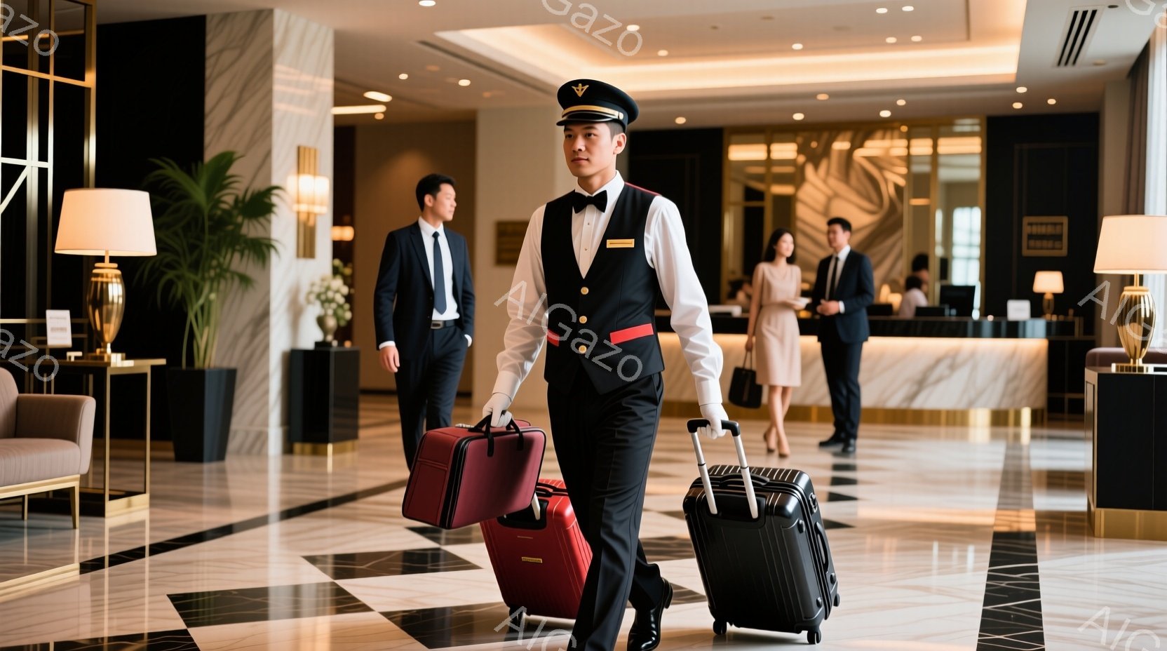ホテルのロビーで、ベルボーイが赤いスーツケース2つを引いています。彼は黒い制服に白い手袋、帽子を着用し、姿勢は非常に丁寧です。背景には受付カウンターや他の宿泊客が見え、ロビーは白と黒を基調としたモダンなデザインで、明るく高級感のある雰囲気が漂っています。