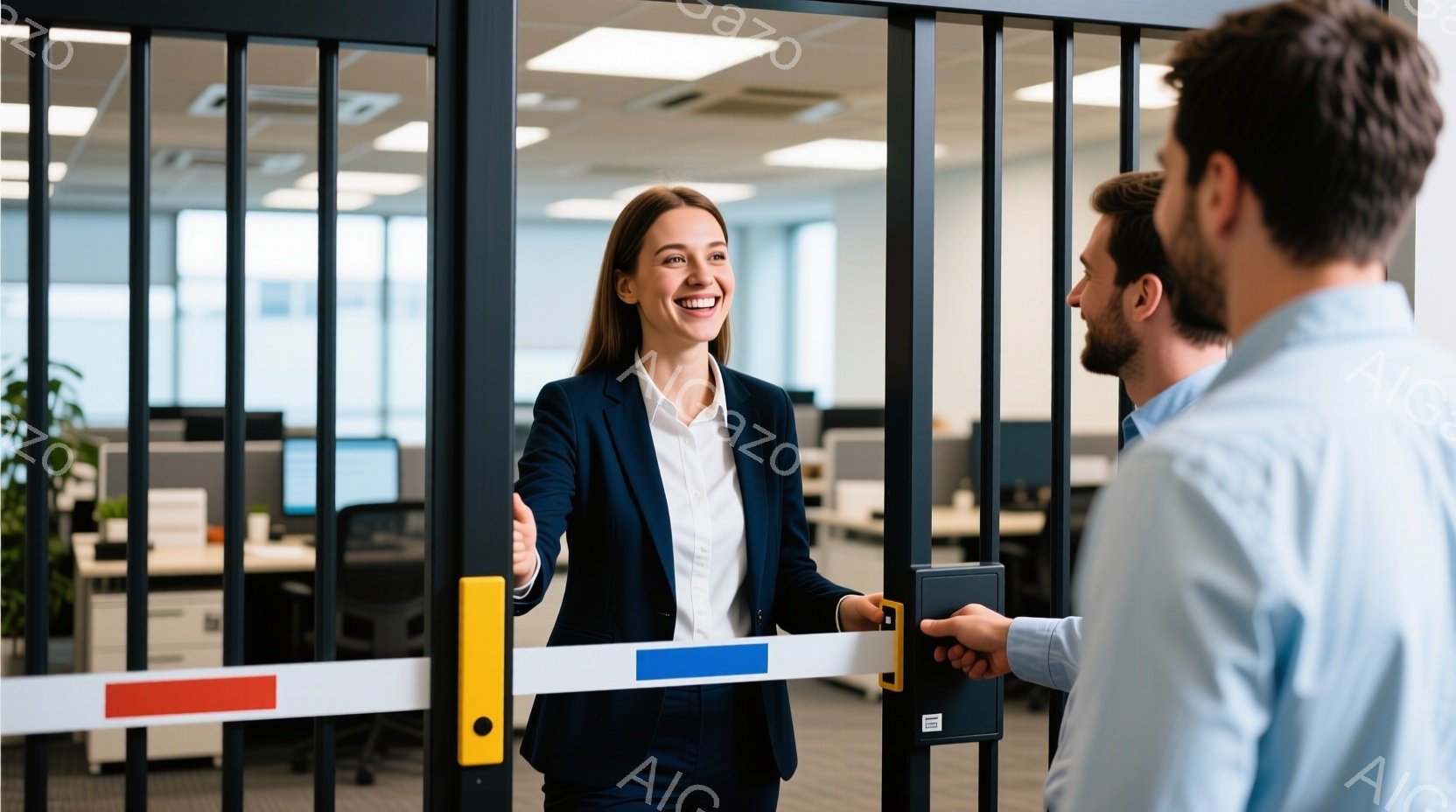 女性は黒いスーツジャケットと白いシャツを着て、笑顔で手を差し伸べています。彼女は明るい髪で、オフィス内の入口で男性と握手しようとしています。背景には、オフィス空間、デスク、そして白いバーと赤いストライプのバリアが見え、全体的に歓迎と協調の雰囲気が漂っています。