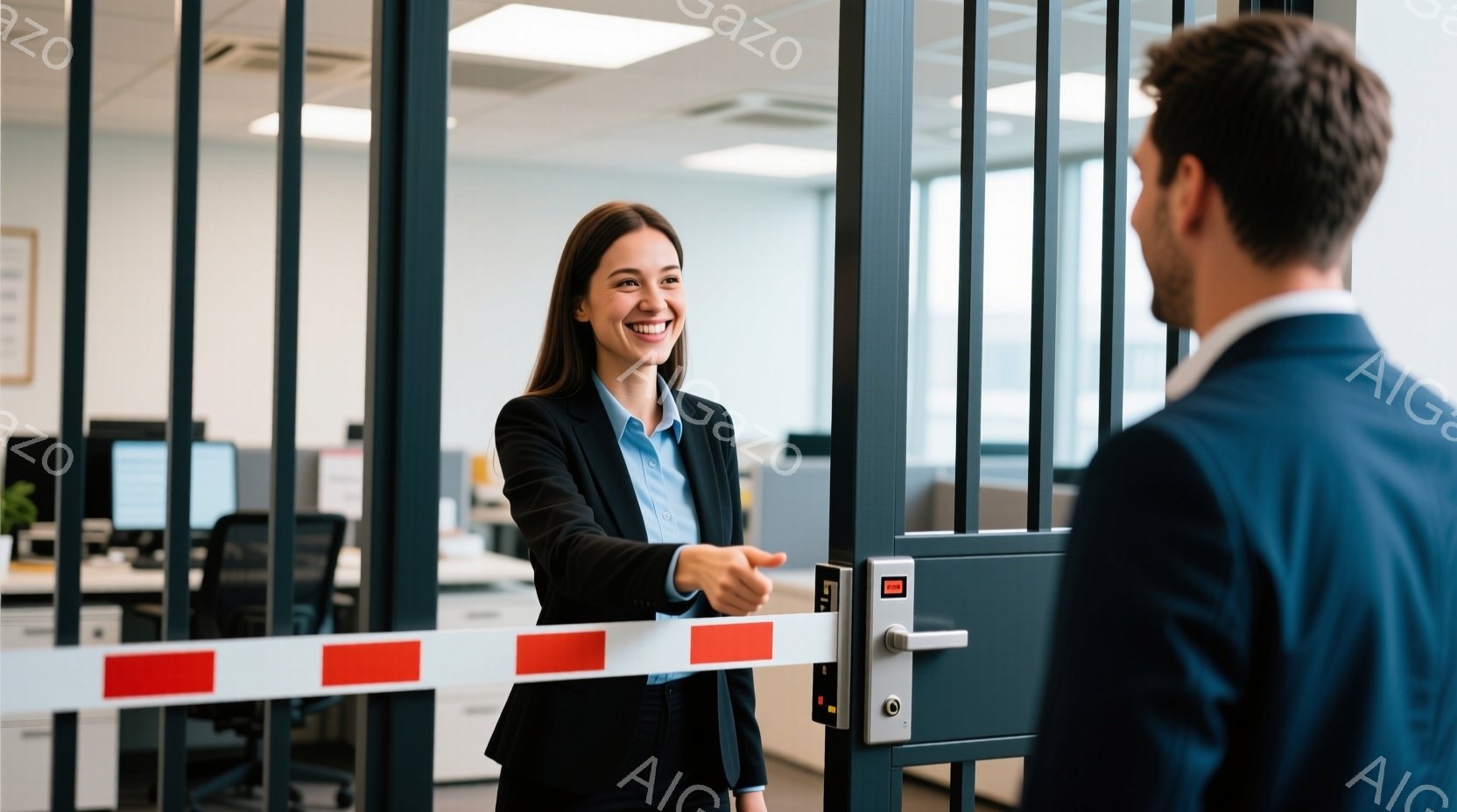 一人の女性が、オフィスのような場所でドアのそばに立って、誰かに手を差し伸べています。彼女は黒いジャケットとシャツを着ており、髪は後ろでまとめています。背景には、他のオフィススペースと机、そしてコンピューターが見え、全体的に明るくプロフェッショナルな雰囲気です。