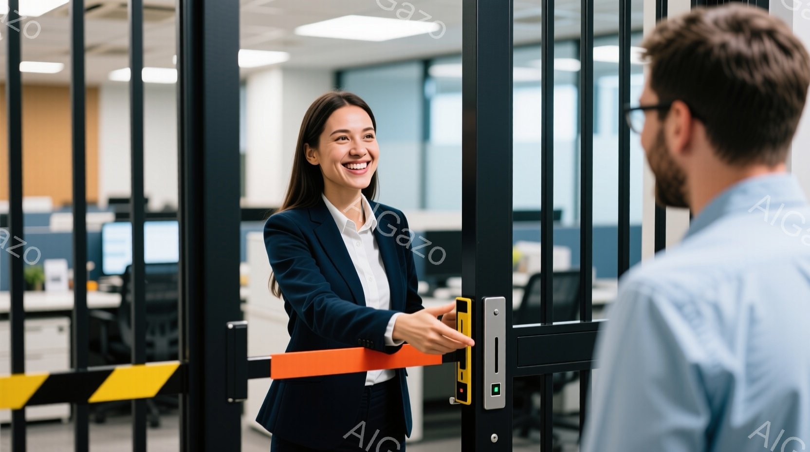 黒いジャケットと白いシャツを着た女性が、オレンジ色のバリケードを横に抱えて笑顔を見せています。彼女はオフィスのような背景の前で、少し体をひねった姿勢で立っており、明るく親しみやすい雰囲気です。背後にはオフィス機器やデスクが見え、現代的な職場環境を示唆しています。