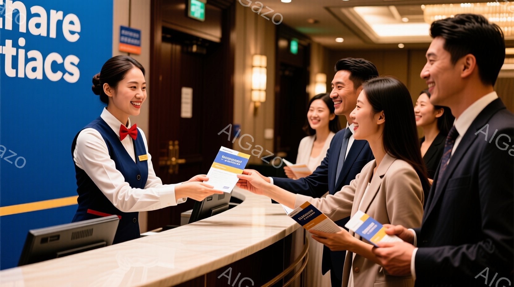 制服を着た女性が受付カウンター越しにパンフレットを数人の男性と女性に手渡している場面です。女性は明るい笑顔で、赤いリボンと黄色いバッジがアクセントになっています。背景には受付カウンターと、やや暗めの落ち着いた内装が見え、全体的に歓迎的な雰囲気です。