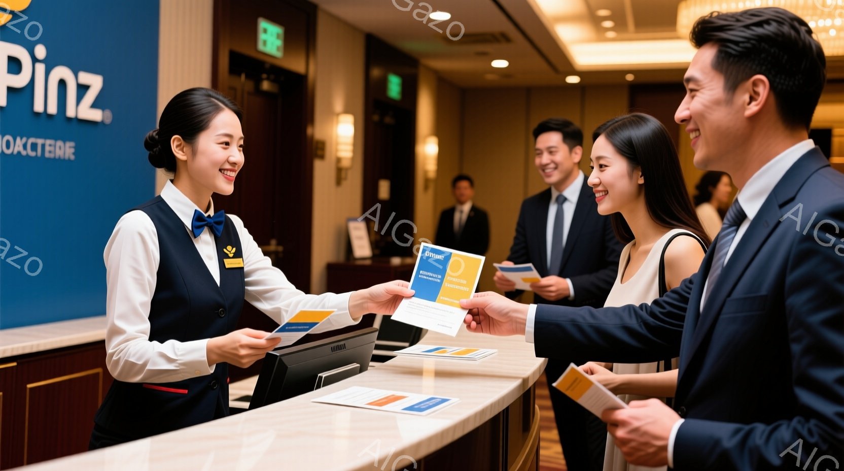 レセプションカウンターで、女性スタッフが男性客にパンフレットを手渡している場面です。女性は紺色のベストと白のブラウス姿で、明るい笑顔を浮かべており、丁寧な対応が伺えます。背景は明るい色調の室内で、他の客もおり、活気があり洗練された雰囲気です。