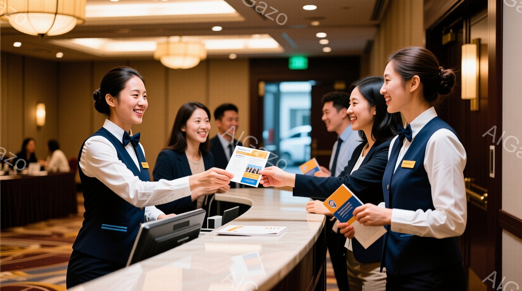 制服を着た女性スタッフが、イベント参加者と思われる数人にパンフレットを手渡している場面です。スタッフは紺色のベストと白のシャツ、黒いズボンを着用し、明るい笑顔を浮かべています。背景には、ベージュとゴールドを基調とした高級感のあるホテルのロビーが見え、全体的に洗練された雰囲気です。