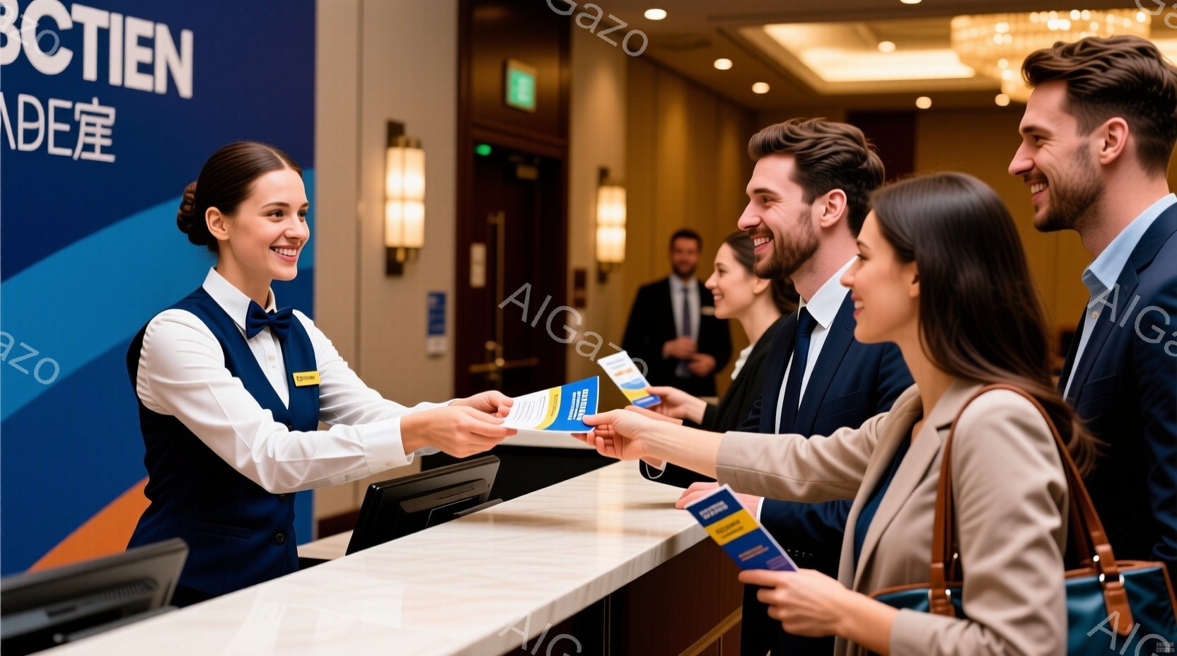 レセプションカウンターで、制服を着た女性が数人の男性と女性にパンフレットを手渡している様子が写っています。女性は明るい笑顔で、男性たちはそれぞれスーツ姿で、興味深そうにパンフレットを受け取っています。 - AI生成フリー素材