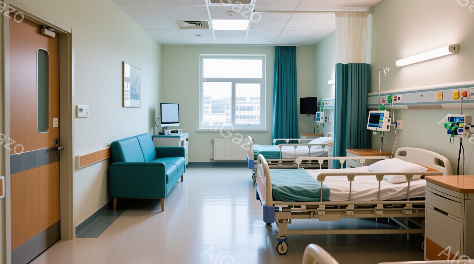 広々とした病院の病室で、明るい緑色のソファと2台のベッドが配置されています。大きな窓からは、高層ビルが立ち並ぶ都市の風景が見え、病室は清潔で落ち着いた雰囲気です。医療機器やモニタが設置されており、患者のケアに適した環境が整っています。