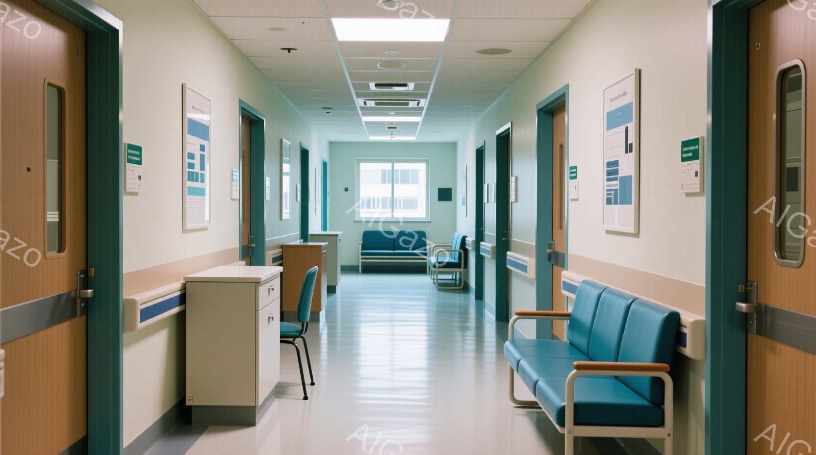病院の廊下で、薄い緑色の壁と明るい床が印象的です。左右に配置されたドアにはポスターが貼られ、中央には病院用の青いベンチが並んでいます。廊下の奥には窓が見え、外の建物がぼんやりと見えますが、全体的に清潔で静かな雰囲気が漂っています。