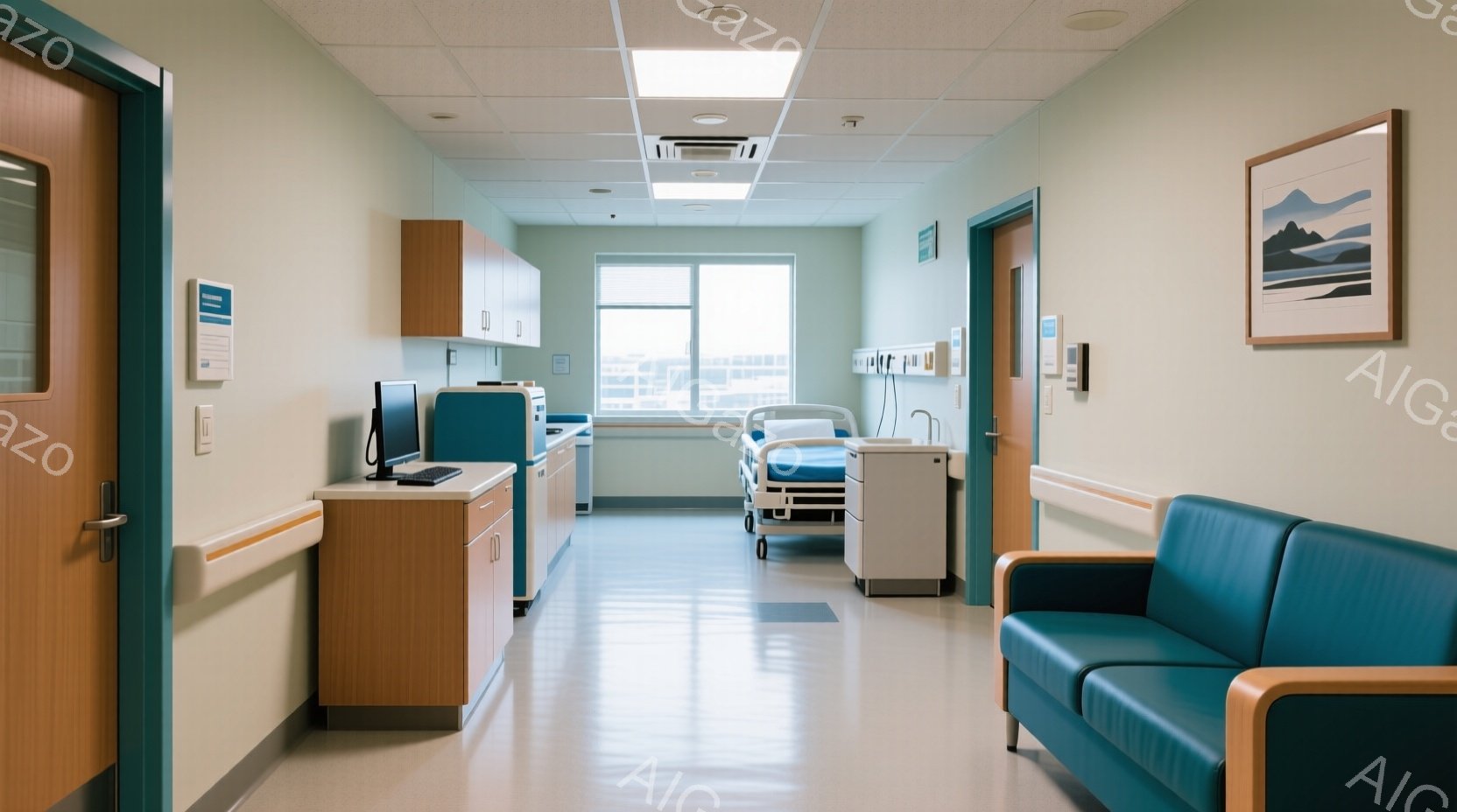 病院の廊下で、明るい緑色の壁と光沢のある床が印象的です。奥にはベッドが置かれた病室があり、手前には青いソファーと医療機器が設置された診察スペースが見えます。全体的に清潔で落ち着いた雰囲気であり、医療施設であることを示唆しています。