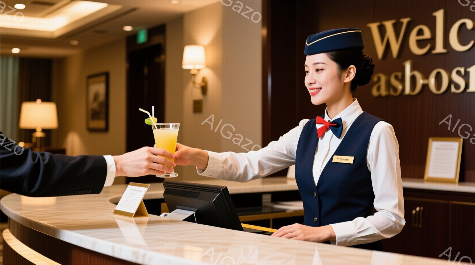 制服姿の女性が、カウンター越しにオレンジジュースを客に手渡している場面です。彼女は紺色のベストと白のブラウス、そして帽子を着用し、笑顔で接客しています。背景には、木製のキャビネットと柔らかな光の照明があり、上品で落ち着いた雰囲気が漂っています。