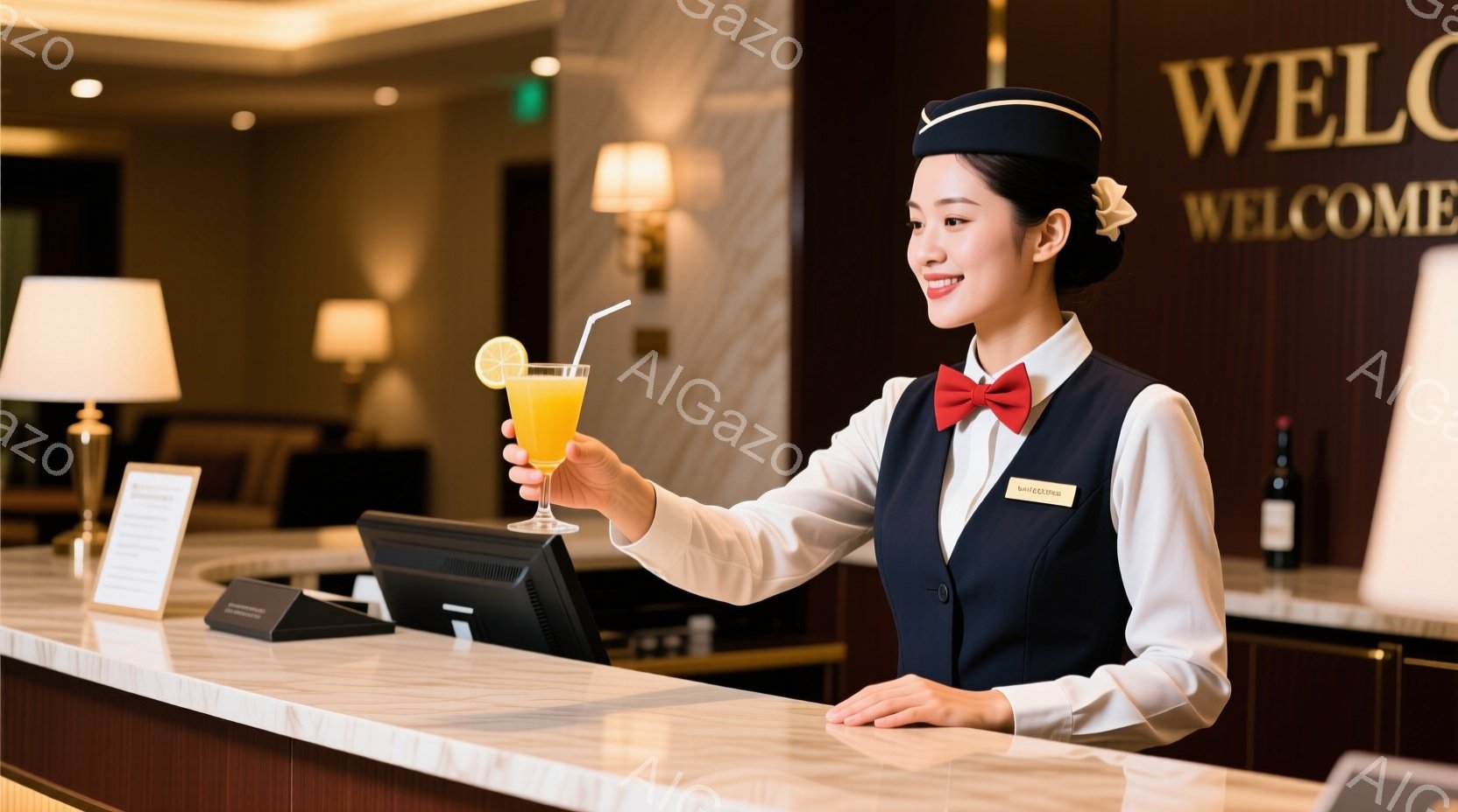 制服姿の女性が、明るいオレンジジュースを手に微笑んでいます。彼女は紺色のベストと白い長袖シャツ、赤いリボンタイを着用し、ベージュ色の帽子を被っています。背景には大理石の受付カウンターと、暖色系の照明、そしてぼんやりと見えるソファ席があり、ホテルやレストランの洗練された雰囲気を醸し出しています。
